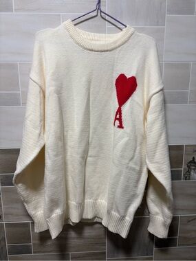 Ami Cream Knit Crewneck Sweater with Red Heart & A Motif